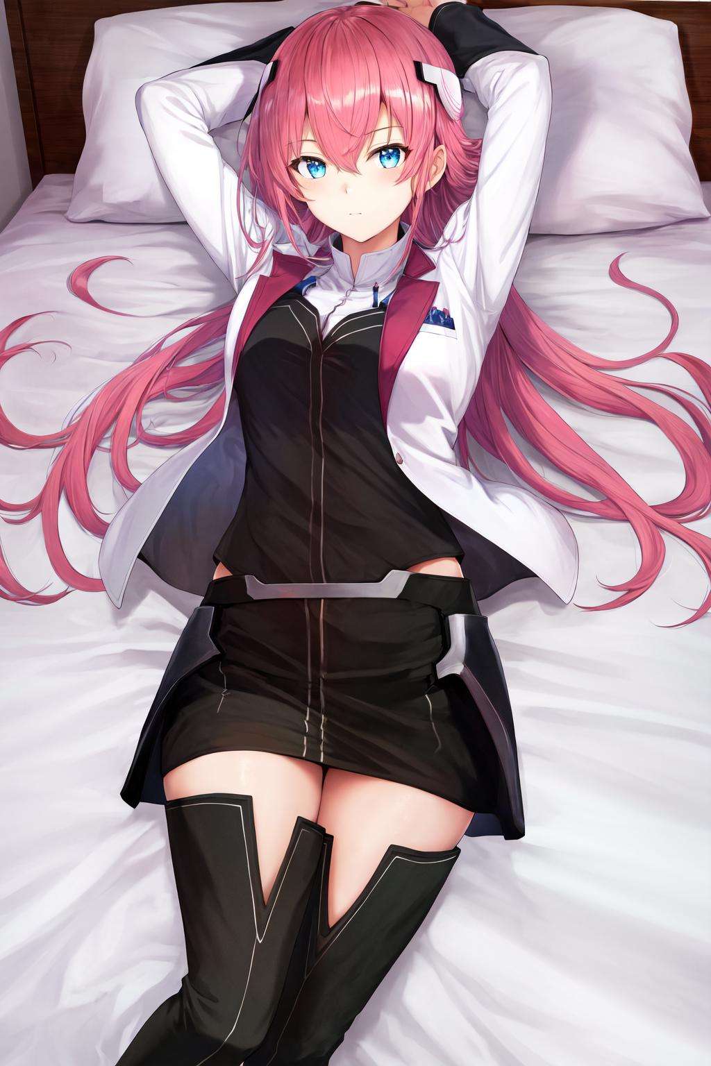 masterpiece, best quality, highres, 1girl riessfeld hair ornament, school uniform white jacket long sleeves black skirt thigh boots <lora:riessfeld:1> lying on back, bed sheet, arms up