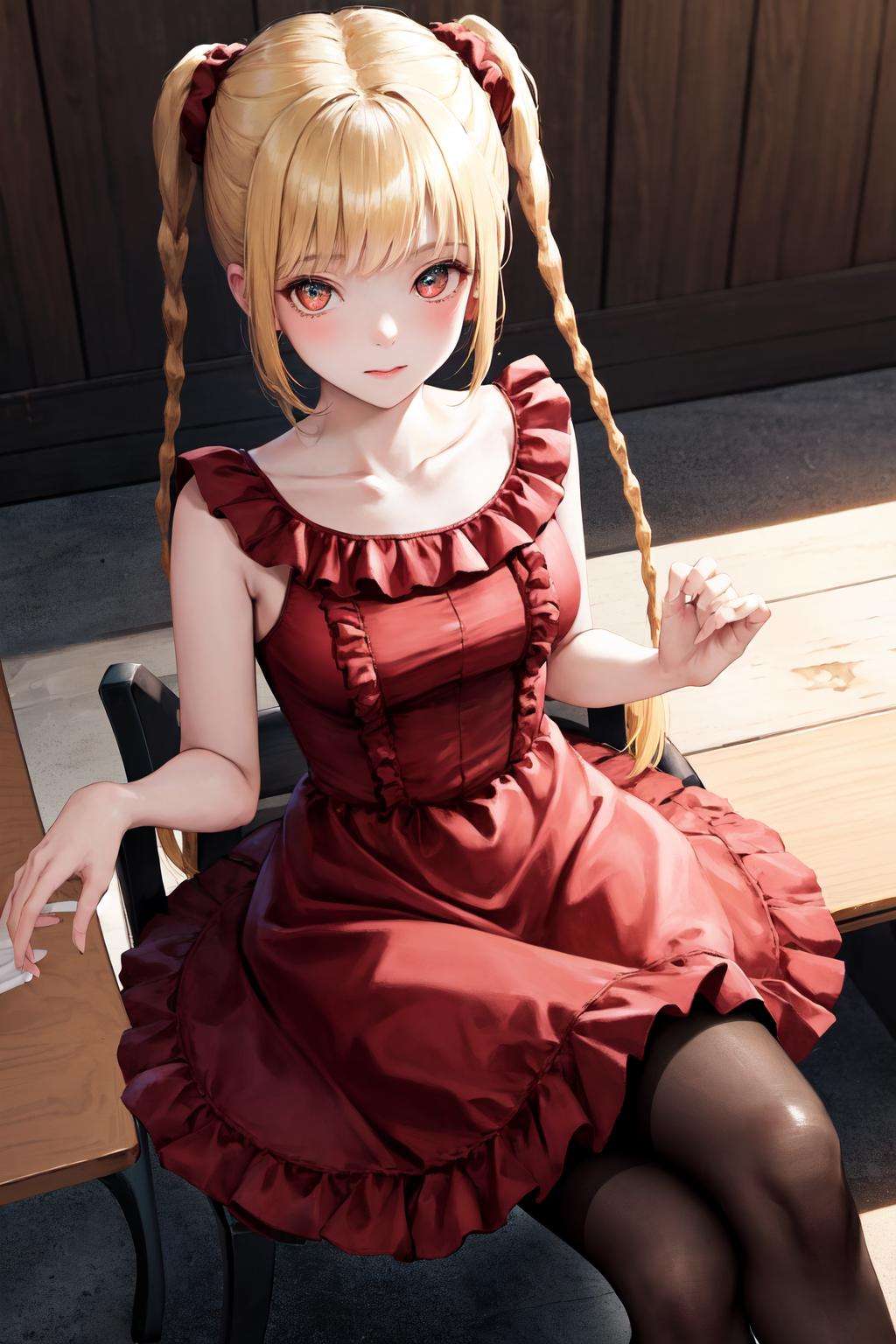 masterpiece, best quality, highres, 1girl karino shuka blonde hair twin braids, red scrunchie collarbone red dress sleeveless frilled dress pantyhose <lora:karino_shuka:1> sitting on chair, crossed legs, looking at viewer, from above