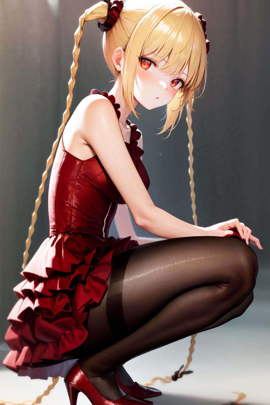 masterpiece, best quality, highres, 1girl karino shuka blonde hair twin braids, red scrunchie collarbone red dress sleeveless frilled dress pantyhose <lora:karino_shuka:1> squatting, from side, red footwear, high heels