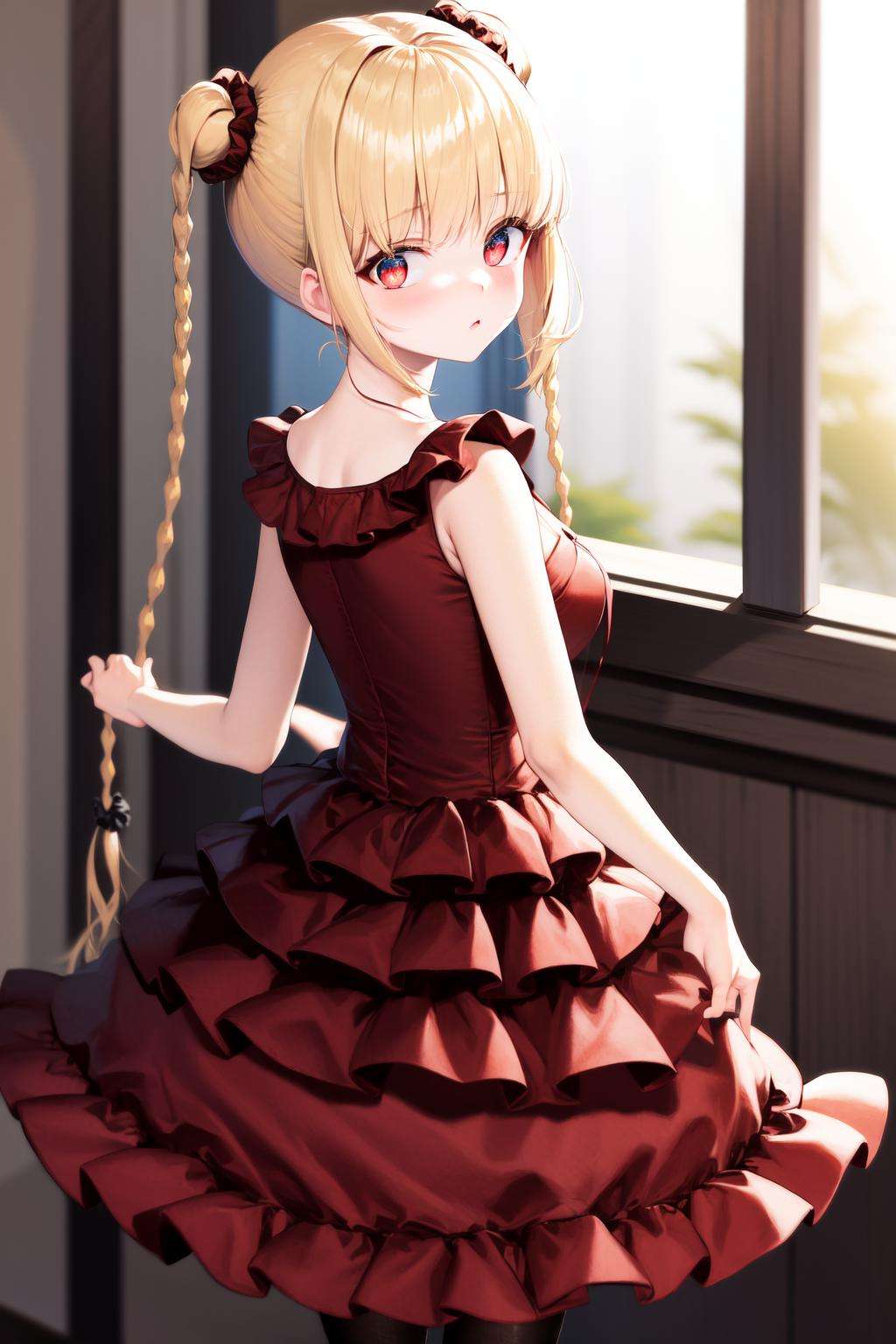 masterpiece, best quality, highres, 1girl karino shuka blonde hair twin braids, red scrunchie collarbone red dress sleeveless frilled dress pantyhose <lora:karino_shuka:1> from behind, looking back