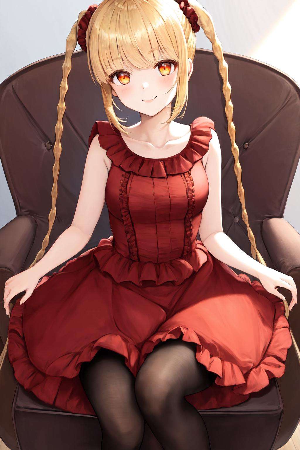 masterpiece, best quality, highres, 1girl karino shuka blonde hair twin braids, red scrunchie collarbone red dress sleeveless frilled dress pantyhose <lora:karino_shuka:1> smile, sitting on chair