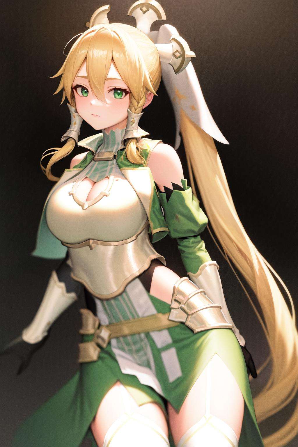 masterpiece, best quality, highres, 1girl leafa ponytail, breastplate detached sleeves green skirt white thighhighs hip vent <lora:leafa_14_2:1> standing