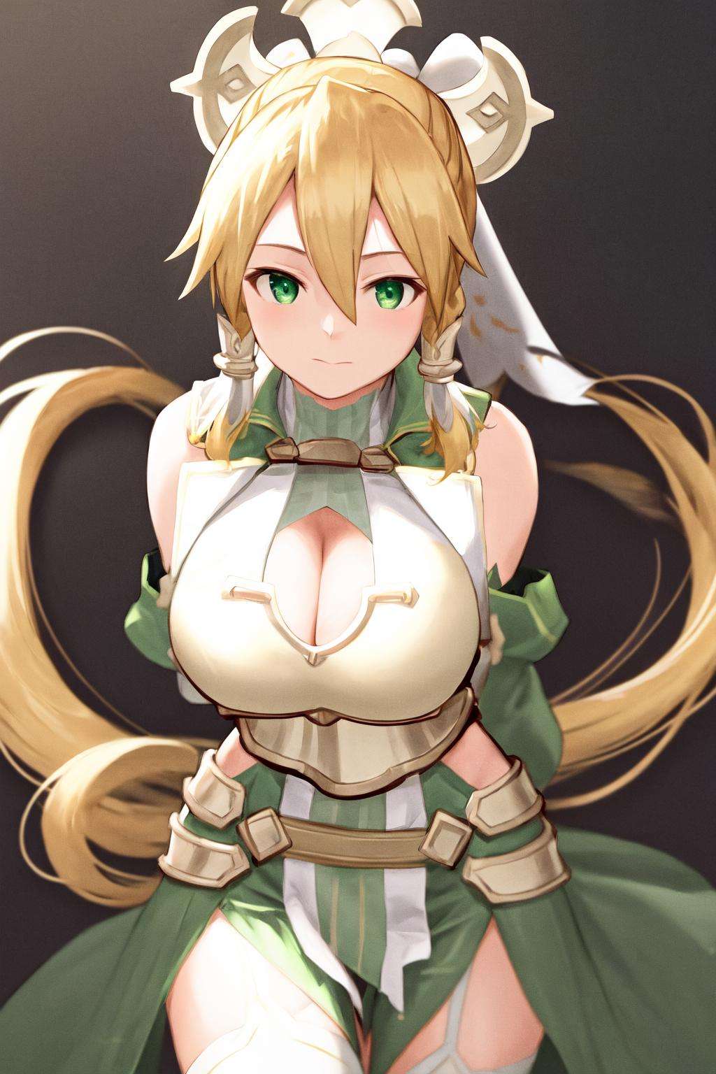 masterpiece, best quality, highres, 1girl leafa ponytail, breastplate detached sleeves cleavage green skirt white thighhighs hip vent <lora:leafa_14_2:1> leaning forward, arms behind back