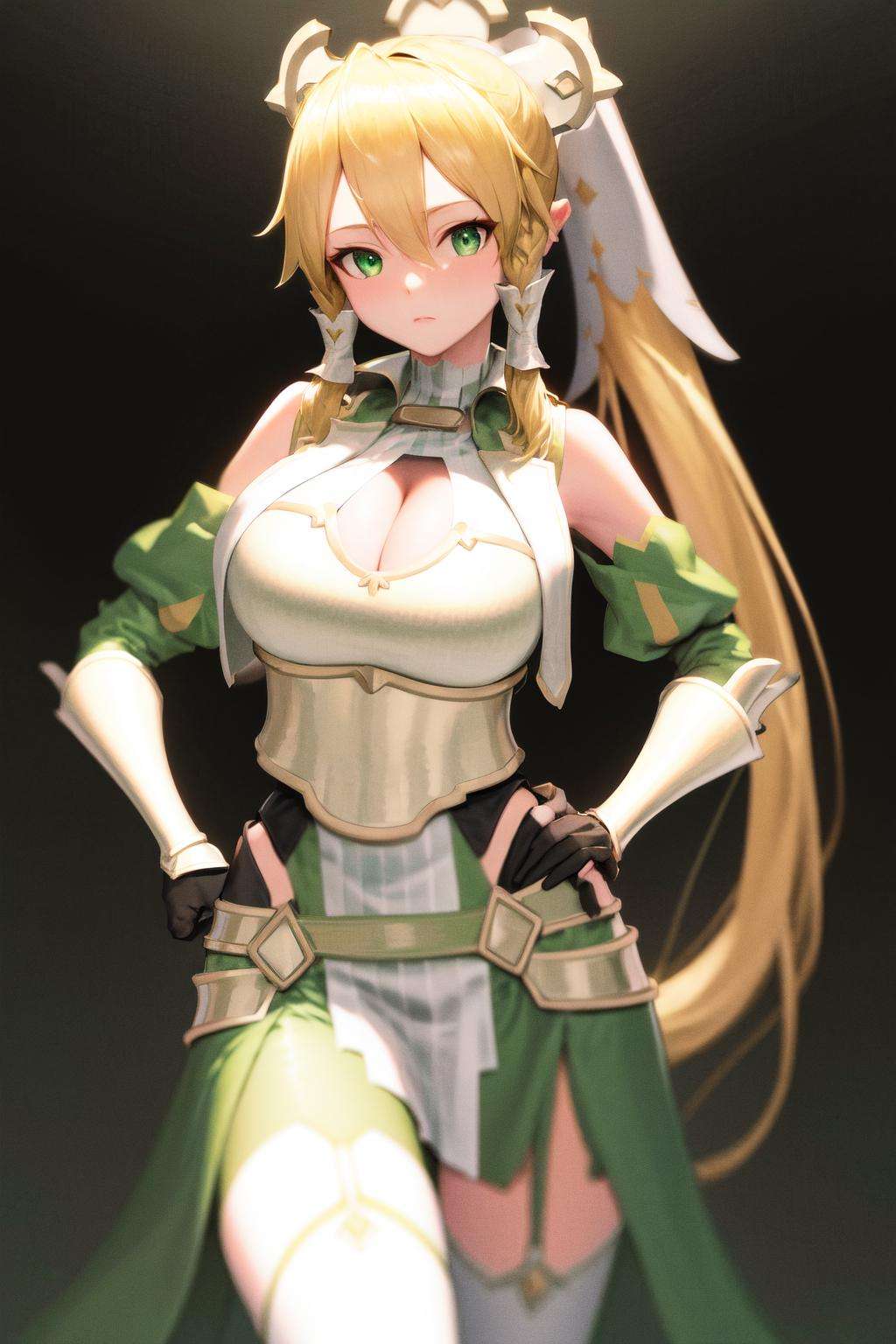 masterpiece, best quality, highres, 1girl leafa ponytail, breastplate detached sleeves cleavage green skirt white thighhighs hip vent <lora:leafa_14_2:1> standing, hand on hip