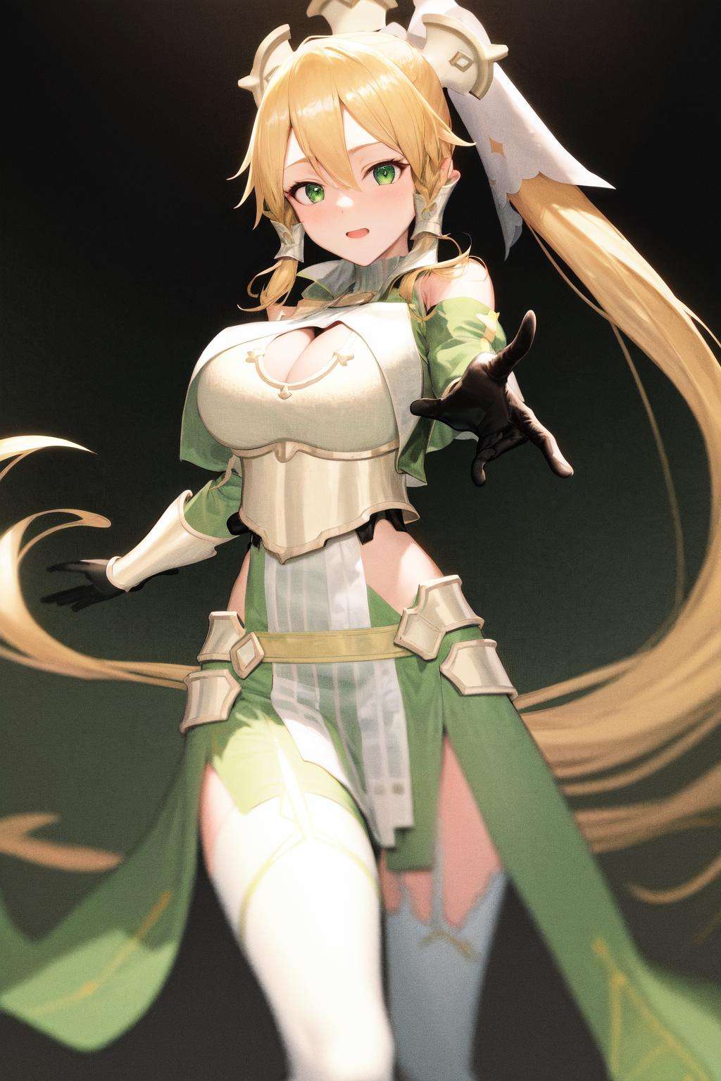 masterpiece, best quality, highres, 1girl leafa ponytail, breastplate detached sleeves cleavage green skirt white thighhighs hip vent <lora:leafa_14_2:1> standing, outstretched arms, reaching out