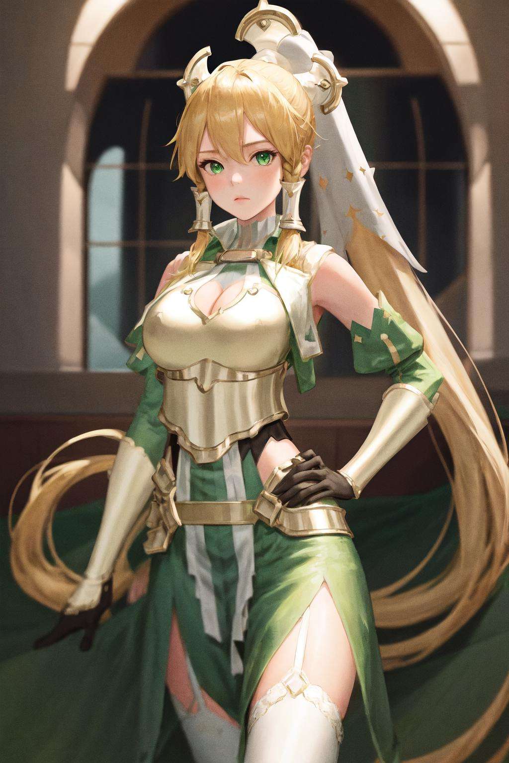 masterpiece, best quality, highres, 1girl leafa ponytail, breastplate detached sleeves green skirt white thighhighs hip vent <lora:leafa_14_2:1> standing, hand on hip