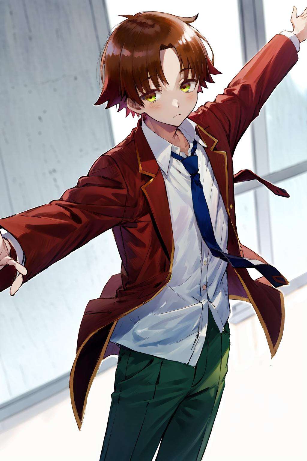 masterpiece, best quality, highres, 1boy kiyotaka ayanokoji, school uniform white shirt red jacket open jacket blue necktie green pants <lora:kiyotaka_ayanokoji:1> standing, outstretched arms, looking at viewer