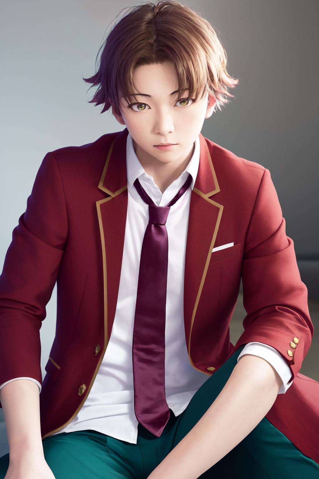 masterpiece, best quality, highres, 1boy kiyotaka ayanokoji, school uniform white shirt red jacket open jacket blue necktie green pants <lora:kiyotaka_ayanokoji:1> looking at viewer, sitting, (photorealistic:1.4)