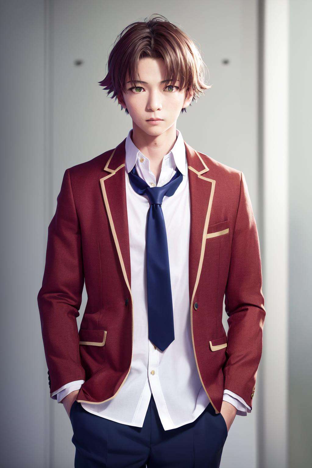 masterpiece, best quality, highres, 1boy kiyotaka ayanokoji, school uniform white shirt red jacket open jacket blue necktie green pants <lora:kiyotaka_ayanokoji:1> looking at viewer, hands in pockets, expressionless, (photorealistic:1.4)