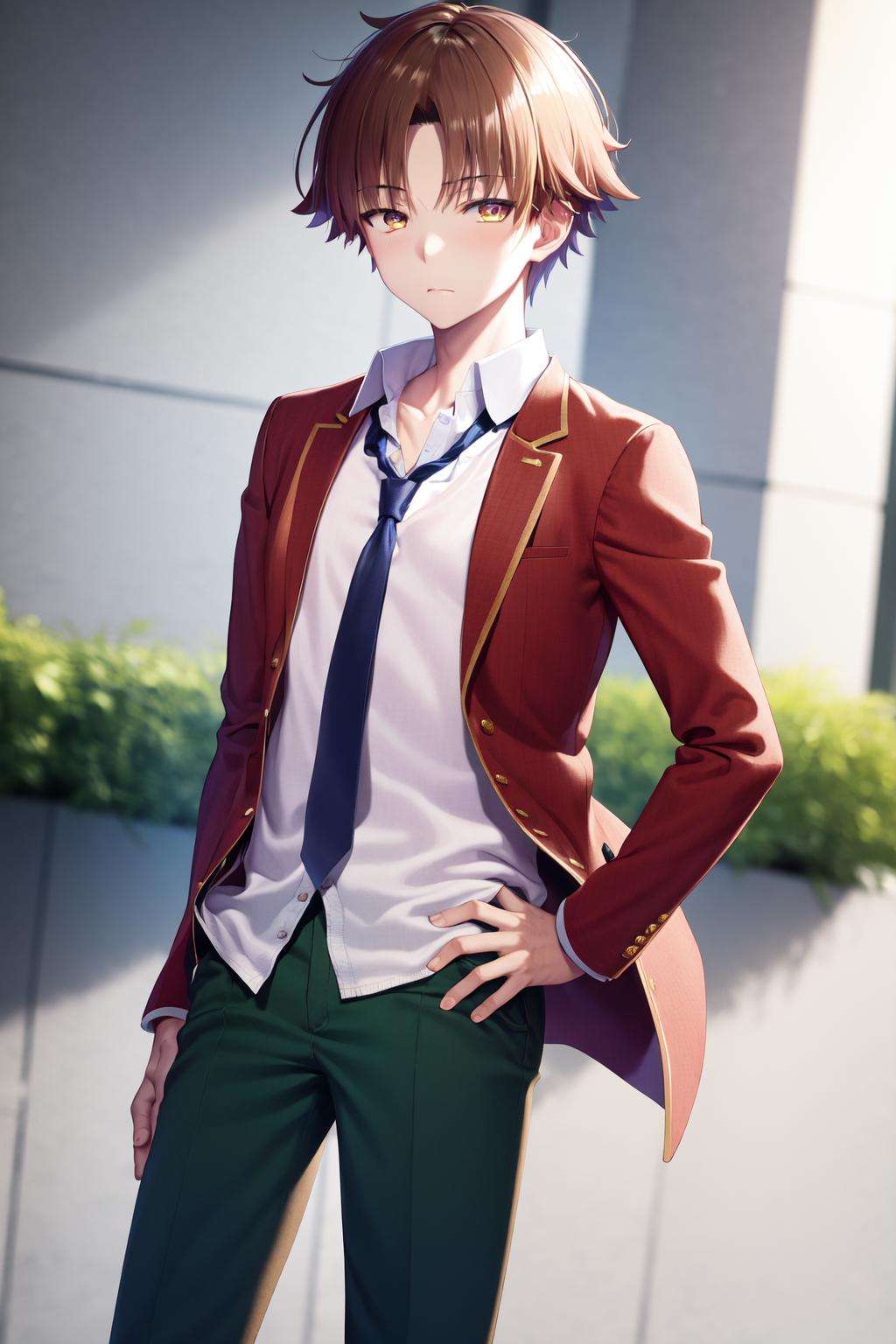 masterpiece, best quality, highres, 1boy kiyotaka ayanokoji, school uniform white shirt red jacket open jacket blue necktie green pants <lora:kiyotaka_ayanokoji:1> hand on hip, looking at viewer