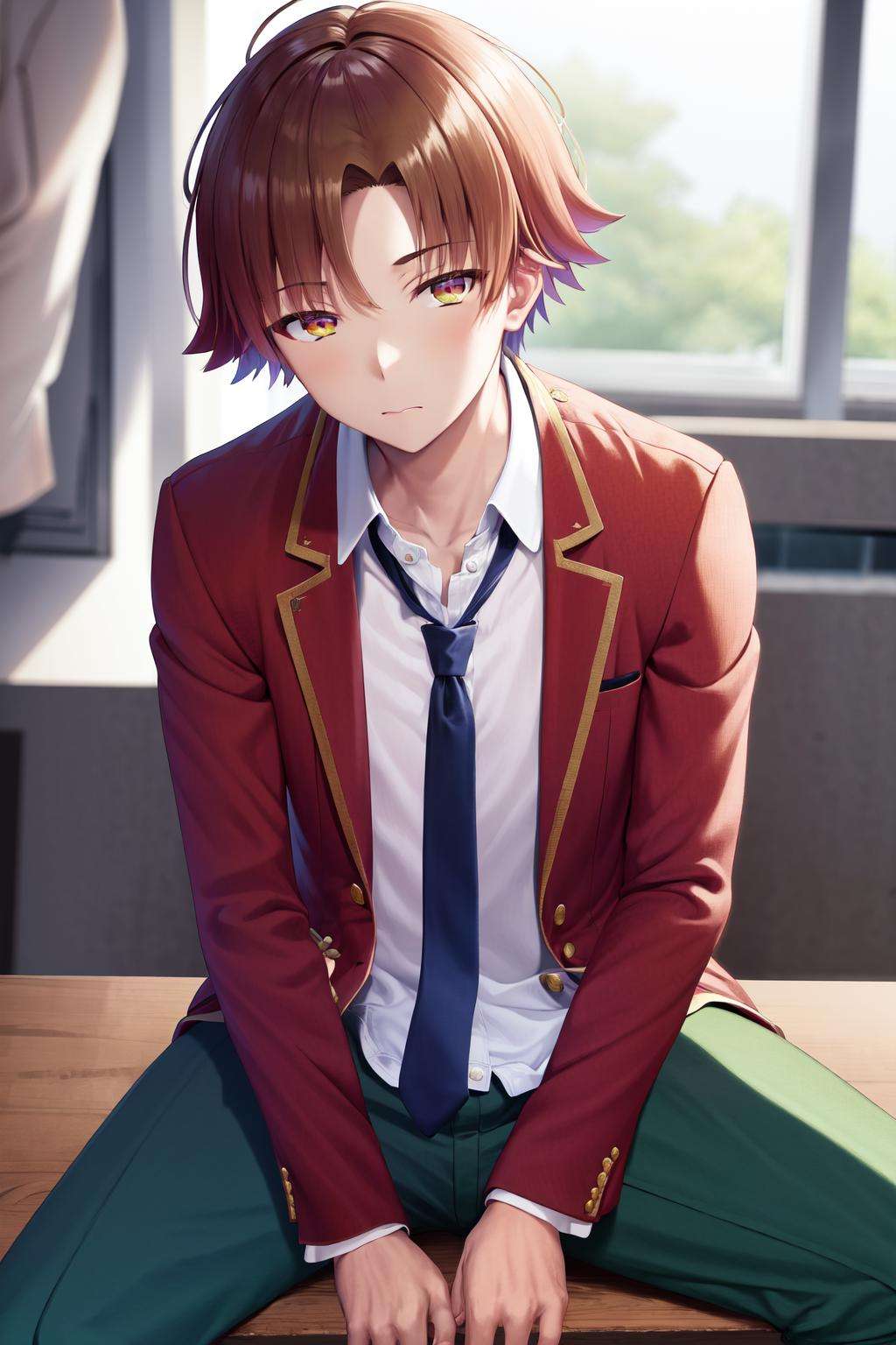 masterpiece, best quality, highres, 1boy kiyotaka ayanokoji, school uniform white shirt red jacket open jacket blue necktie green pants <lora:kiyotaka_ayanokoji:1> sitting, spread legs, looking at viewer