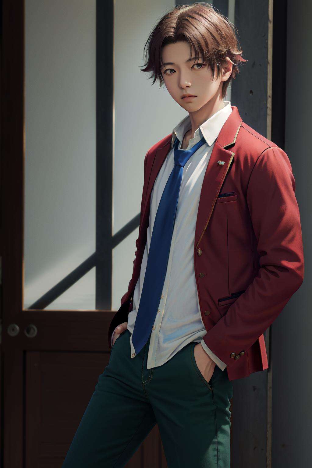 masterpiece, best quality, highres, 1boy kiyotaka ayanokoji, school uniform white shirt red jacket open jacket blue necktie green pants <lora:kiyotaka_ayanokoji:1> looking at viewer, hands in pockets, expressionless, (photorealistic:1.4)