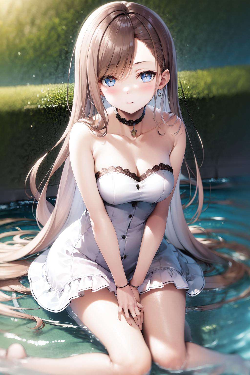 masterpiece, best quality, highres, 1girl matsushita swept bangs brown hair, strapless dress white dress standing, sitting, wariza, wading  <lora:chiaki_matsushita:1>