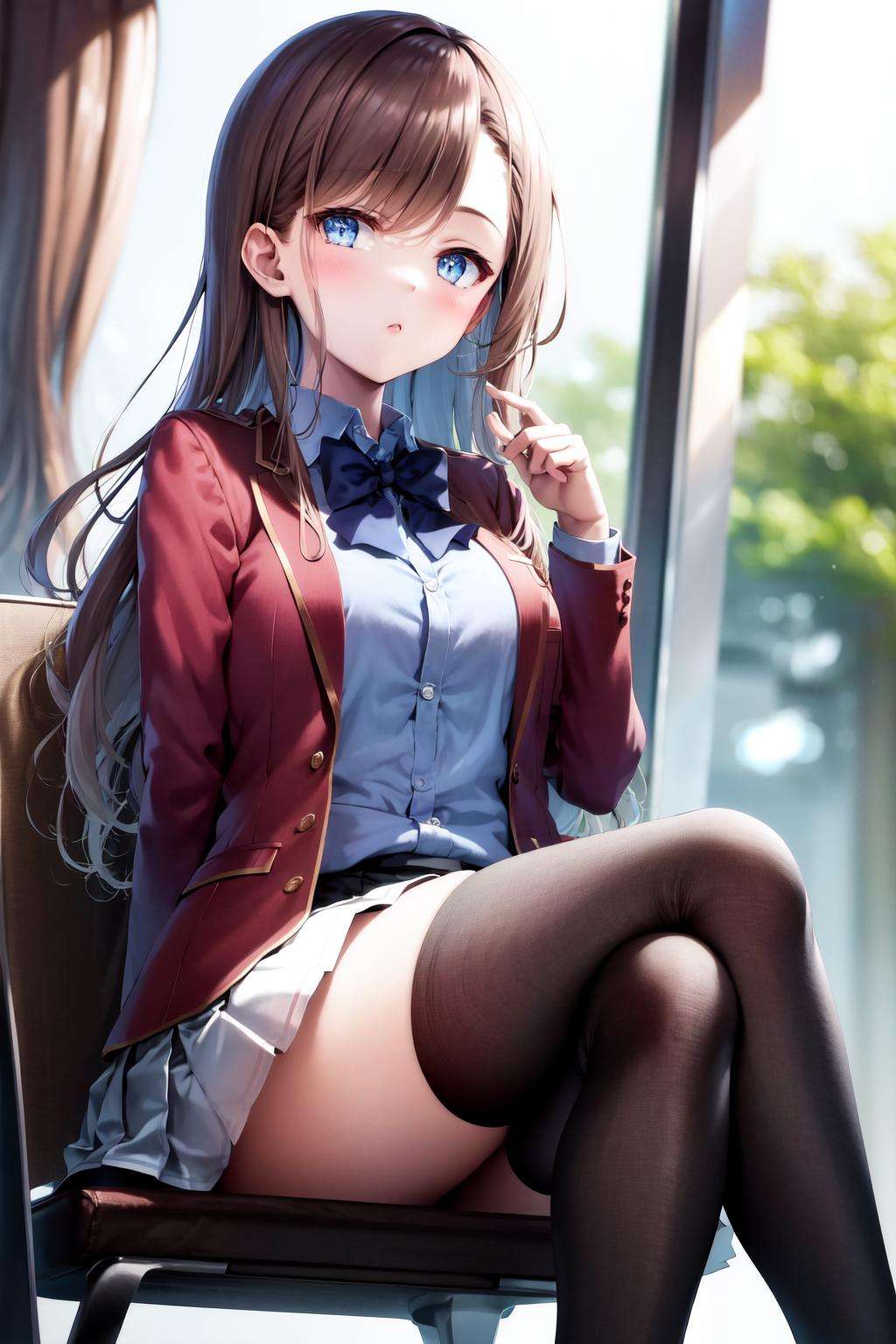 masterpiece, best quality, highres, 1girl matsushita swept bangs brown hair, white skirt red jacket blue shirt open jacket blue bowtie <lora:chiaki_matsushita:1> sitting on chair, crossed legs