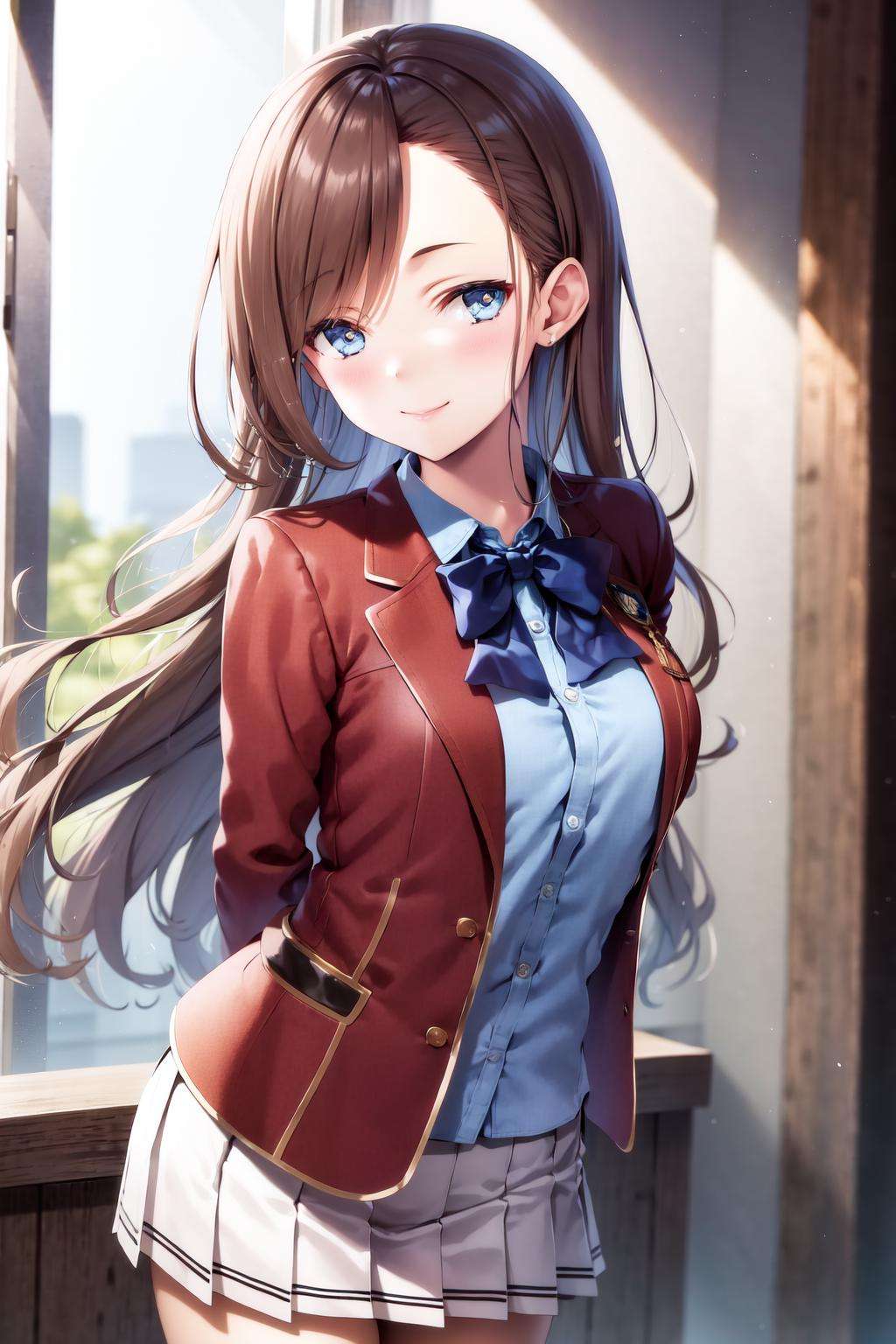 masterpiece, best quality, highres, 1girl matsushita swept bangs brown hair, white skirt red jacket blue shirt open jacket blue bowtie <lora:chiaki_matsushita:1> standing arms behind back smile leaning forward