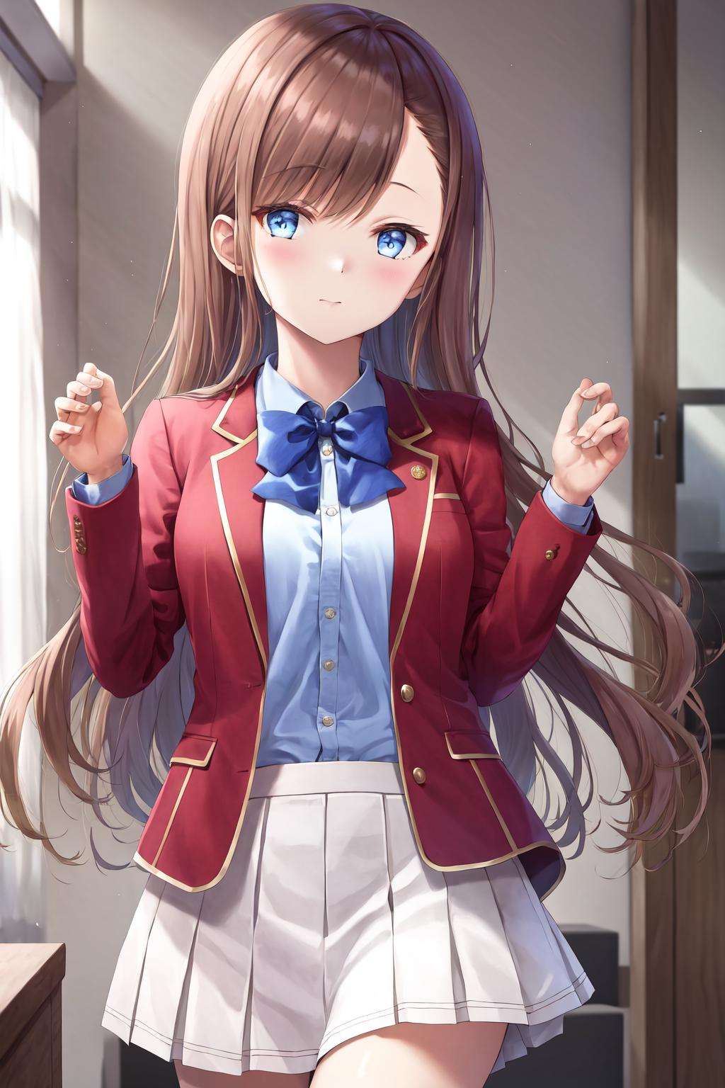 masterpiece, best quality, highres, 1girl matsushita swept bangs brown hair, white skirt red jacket blue shirt open jacket blue bowtie <lora:chiaki_matsushita:1> standing