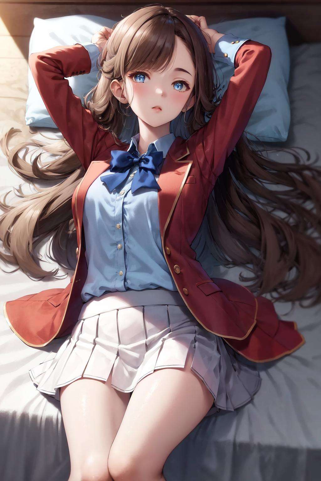 masterpiece, best quality, highres, 1girl matsushita swept bangs brown hair, white skirt red jacket blue shirt open jacket blue bowtie <lora:chiaki_matsushita:1> lying on back, bed sheet, arms up