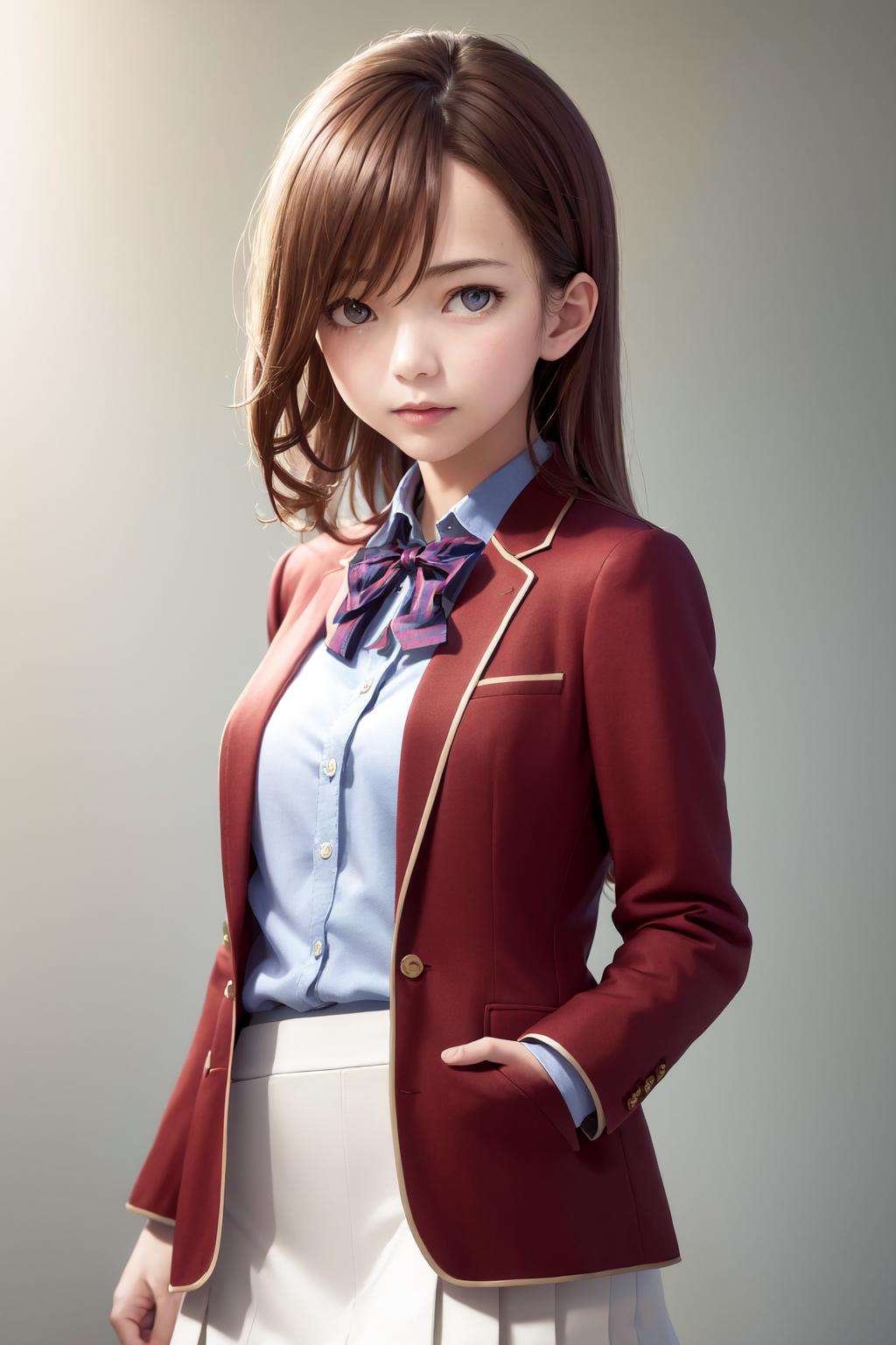 masterpiece, best quality, highres, 1girl matsushita swept bangs brown hair, white skirt red jacket blue shirt open jacket blue bowtie <lora:chiaki_matsushita:1> standing, hands in pockets, (photorealistic:1.4)