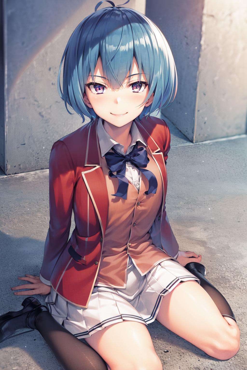 masterpiece, best quality, highres, 1girl ibuki mio short hair blue hair, white skirt red jacket open jacket <lora:ibuki_mio:1> smile, sitting, wariza, from above, looking up, arm support