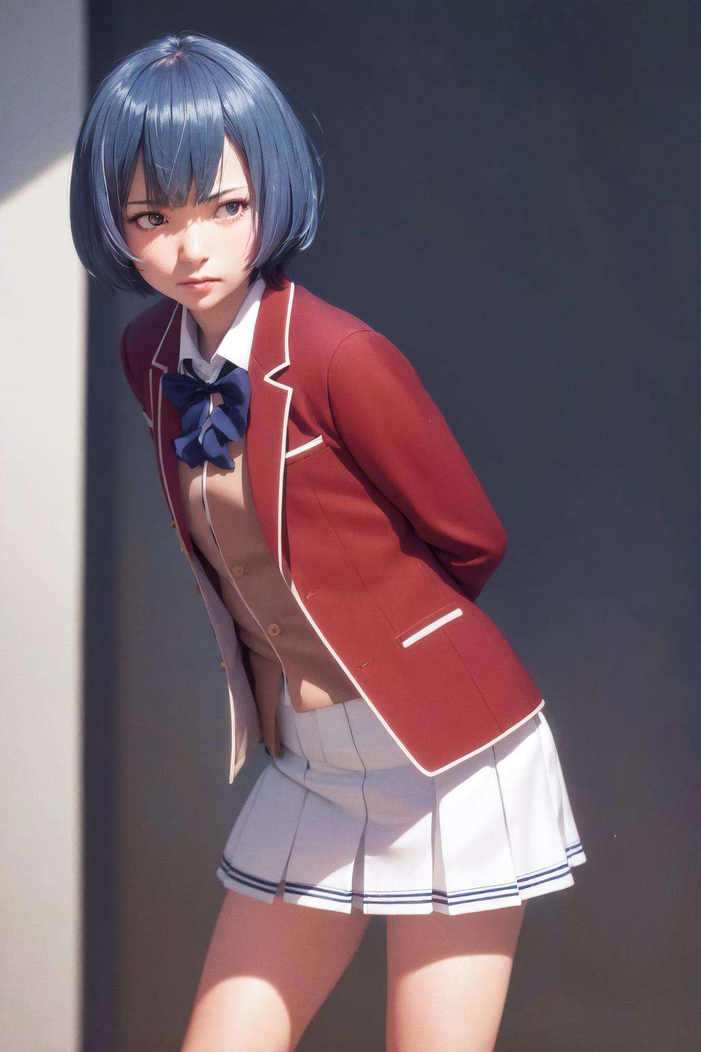 masterpiece, best quality, highres, 1girl ibuki mio short hair blue hair, white skirt red jacket open jacket <lora:ibuki_mio:1> standing, leaning forward, arms behind back, realistic