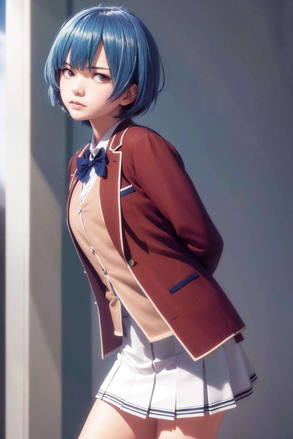 masterpiece, best quality, highres, 1girl ibuki mio short hair blue hair, white skirt red jacket open jacket <lora:ibuki_mio:1> standing, leaning forward, arms behind back, realistic