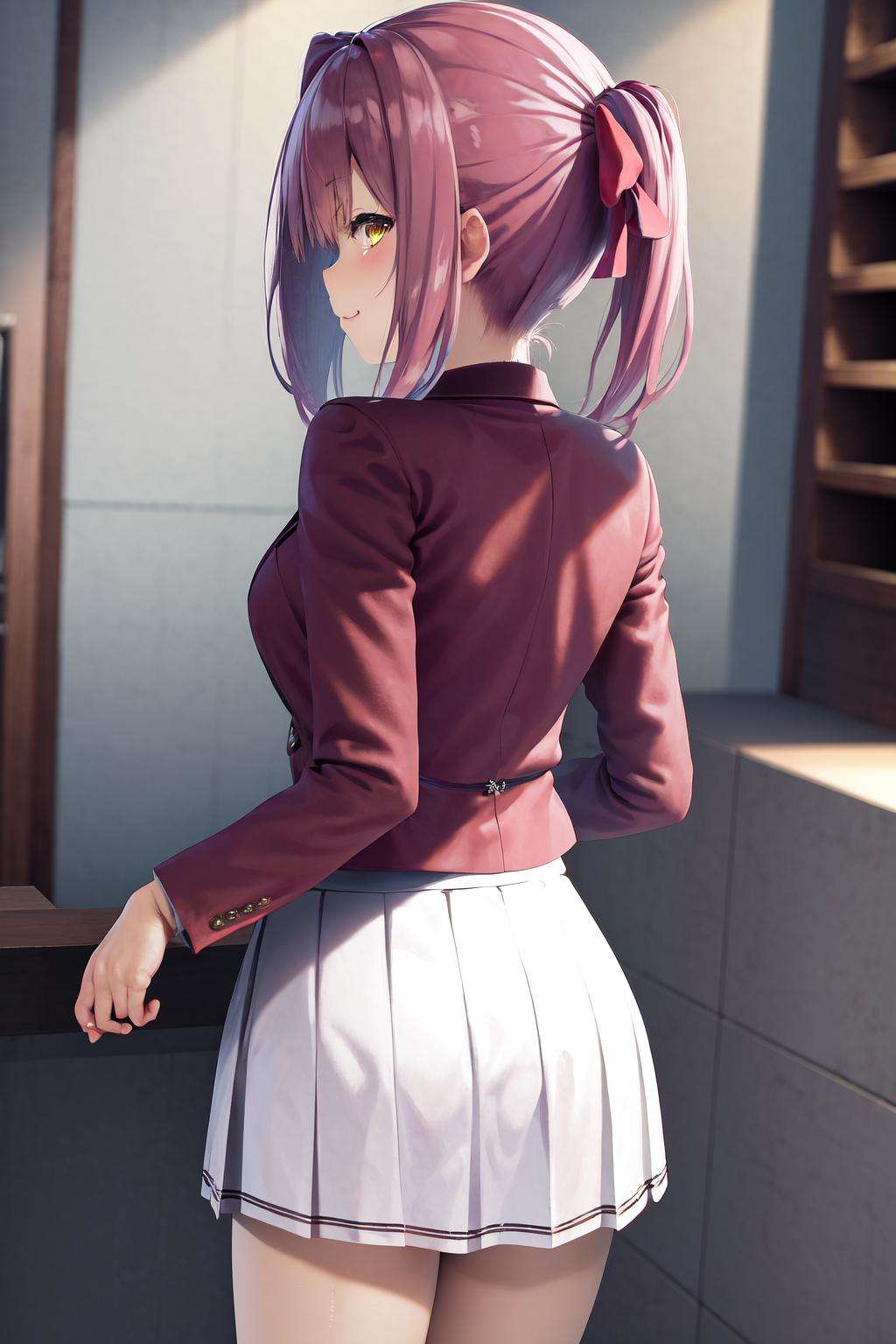 masterpiece, best quality, highres, 1girl amasawa ichika yellow eyes purple hair twintail, white skirt <lora:amasawa_ichika:1> standing, from behind