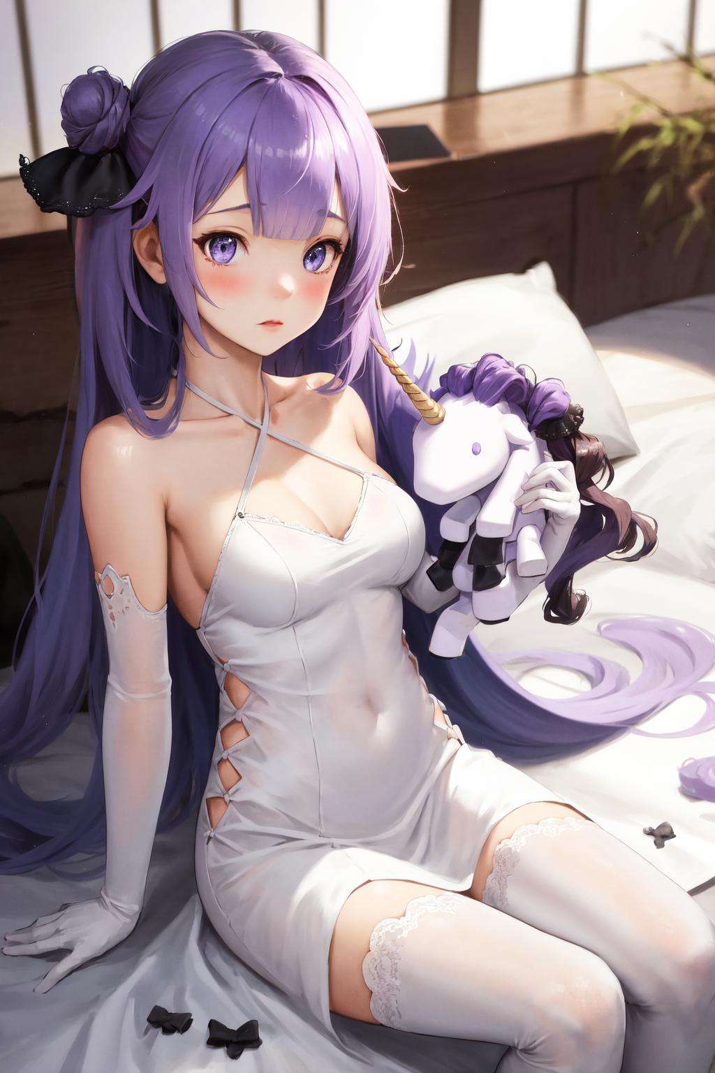 masterpiece, best quality, highres, 1girl, unicorn \(azur lane\), white dress <lora:unicorn:1> stuffed toy, object hug