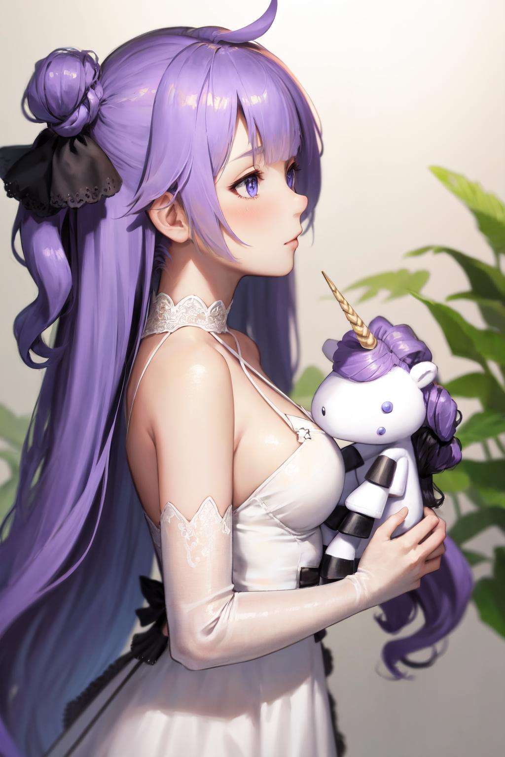 masterpiece, best quality, highres, 1girl, unicorn \(azur lane\), white dress <lora:unicorn:1> standing, from side, stuffed toy, object hug