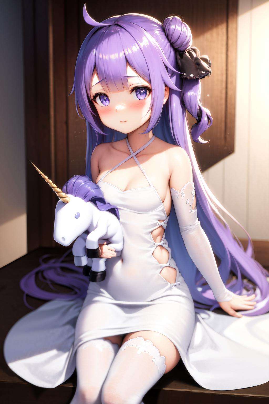 masterpiece, best quality, highres, 1girl, unicorn \(azur lane\), white dress <lora:unicorn:1> stuffed toy, object hug