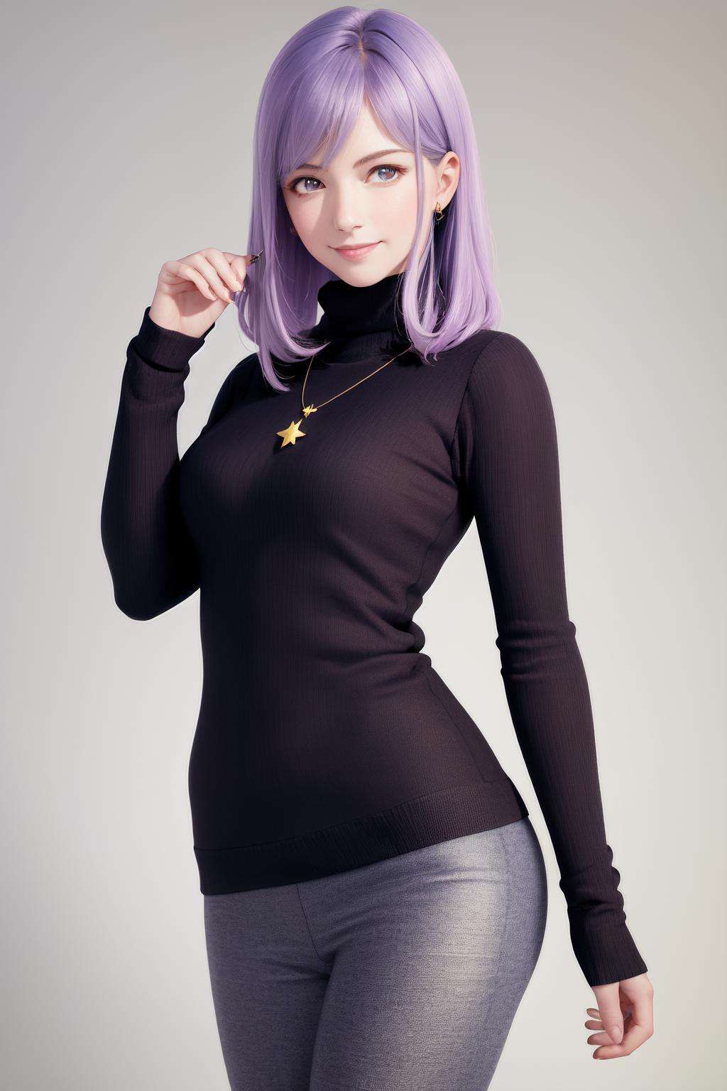 masterpiece, best quality, highres, 1girl maha star hair ornament, turtleneck sweater necklace white legwear <lora:maha:1> photorealistic, light purple hair, standing, smile