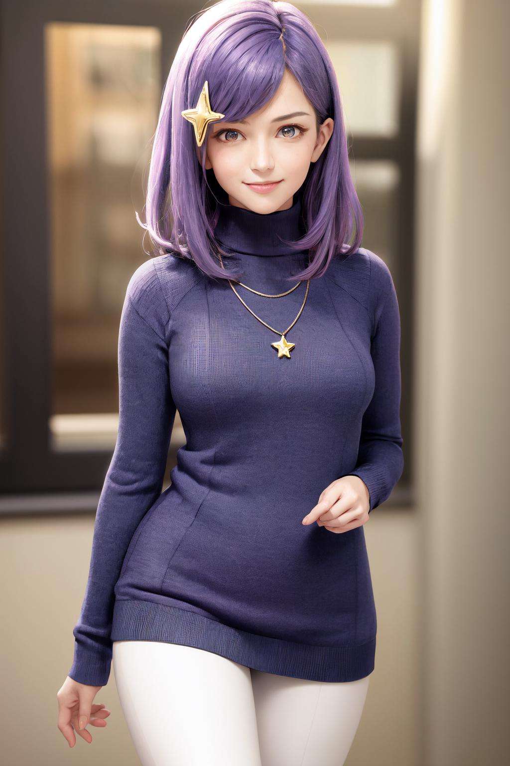 masterpiece, best quality, highres, 1girl maha (star hair ornament:1.1), turtleneck sweater necklace white legwear <lora:maha:1> photorealistic, light purple hair, blue sweater, standing, smile