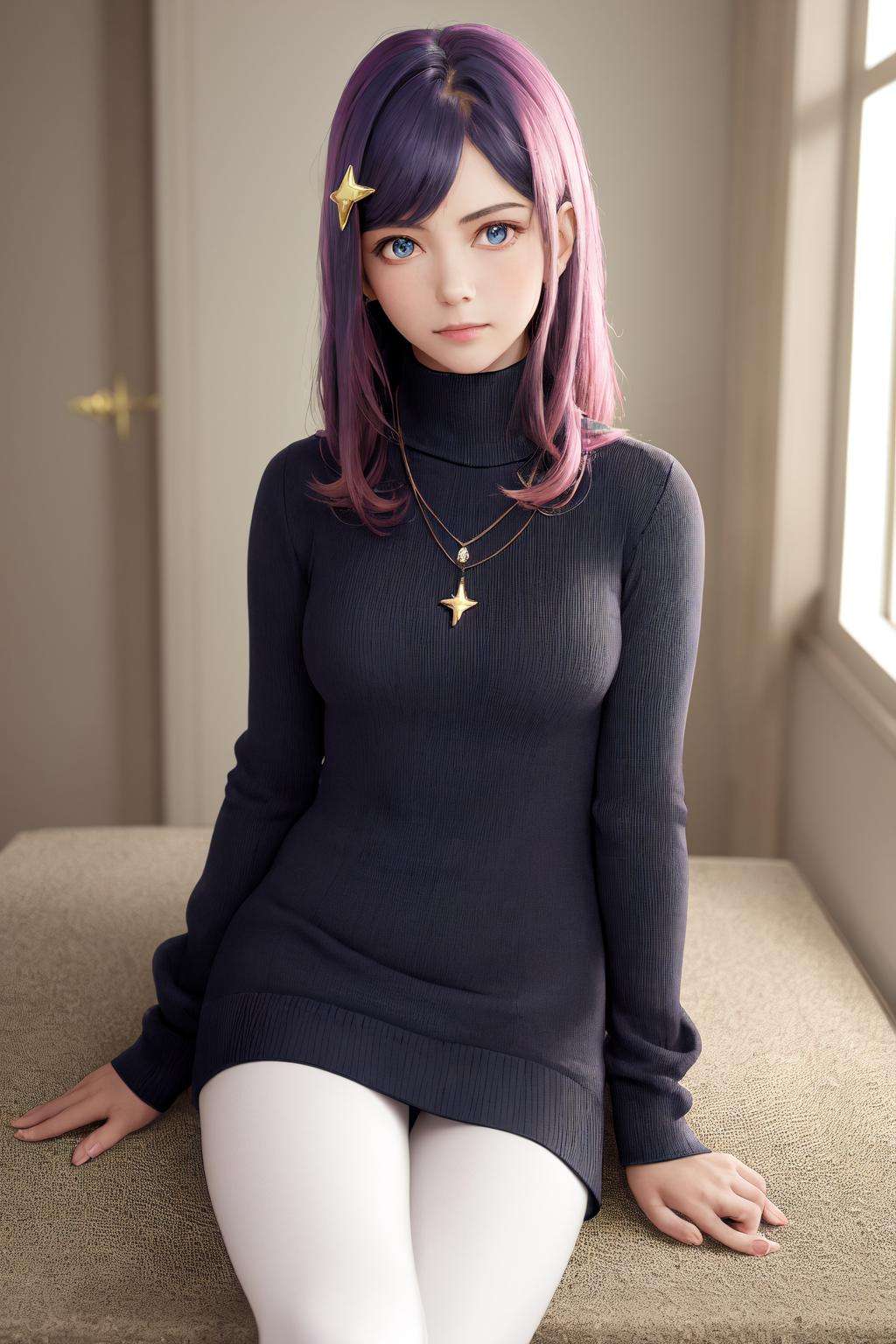 masterpiece, best quality, highres, 1girl (maha:1.2) star hair ornament, turtleneck sweater necklace white legwear <lora:maha:1> photorealistic