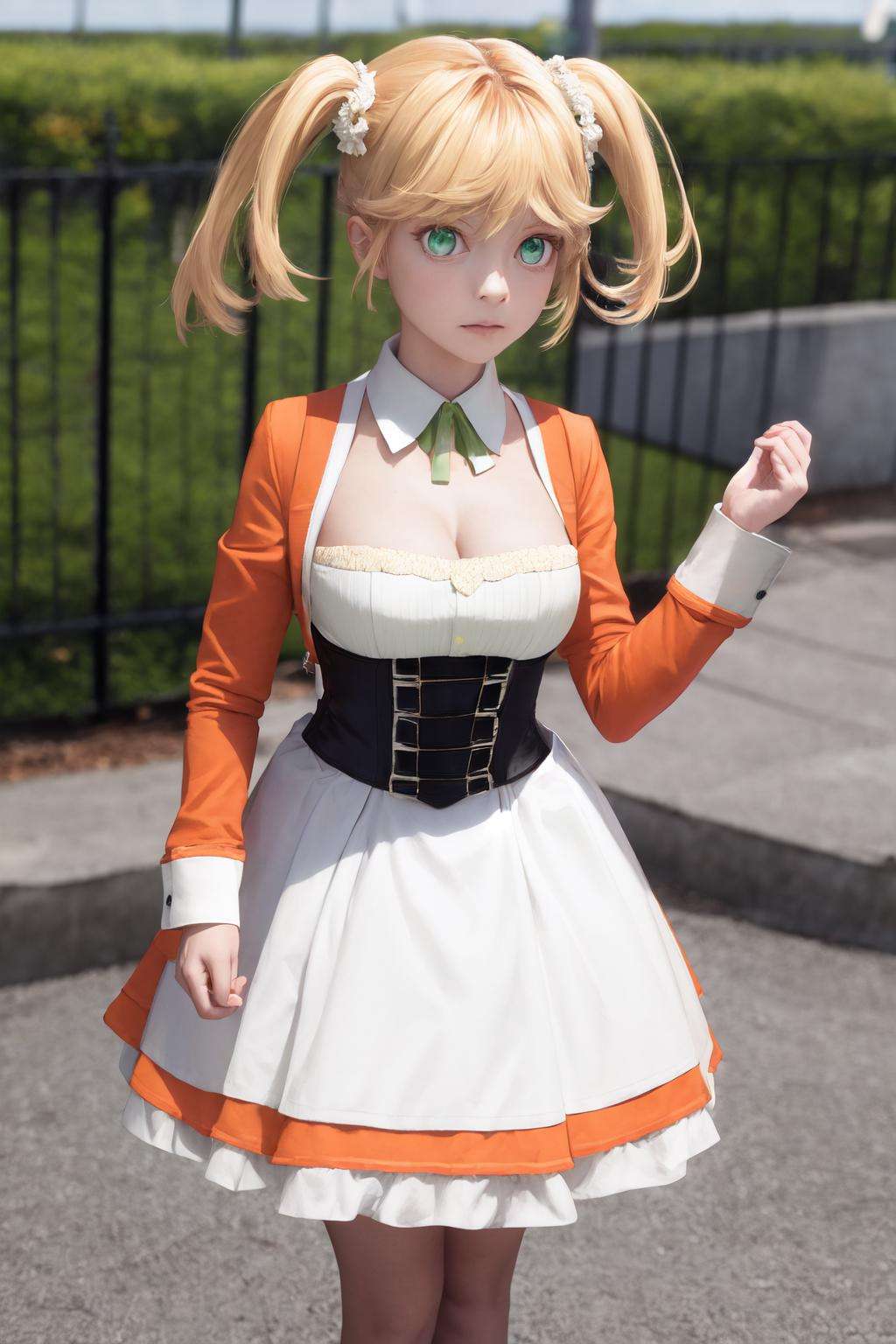 masterpiece, best quality, highres, 1girl tarte green eyes twintails, detached collar orange jacket white dress <lora:tarte:1> photorealistic