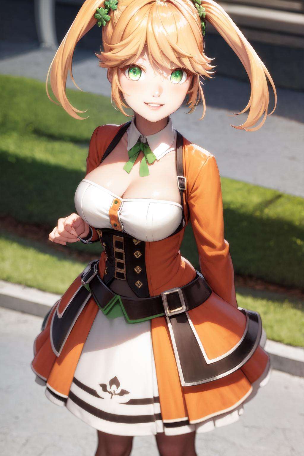 masterpiece, best quality, highres, 1girl tarte green eyes twintails, detached collar orange jacket white dress <lora:tarte:1> standing, smile, parted lips, photorealistic, clover hair ornament