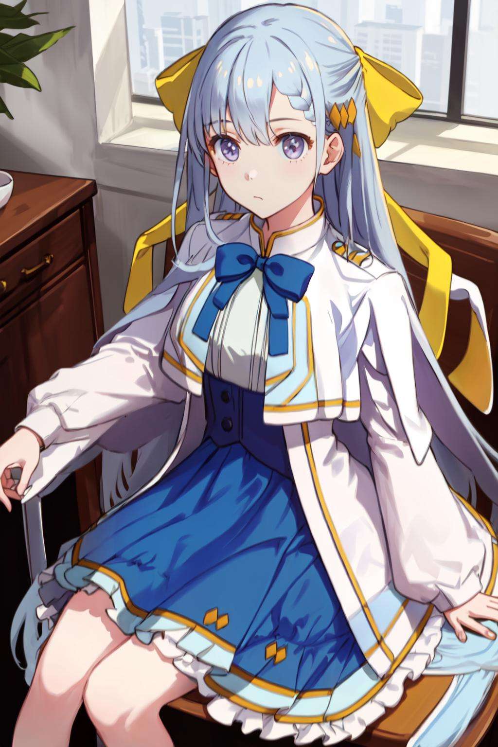 masterpiece, best quality, highres, 1girl euphyllia hair bow yellow bow hair ornament, blue dress white jacket open jacket white capelet white shirt blue bowtie frills <lora:euphyllia:1> sitting on chair