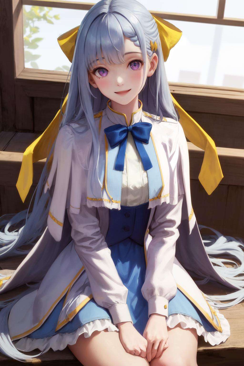 masterpiece, best quality, highres, 1girl euphyllia hair bow yellow bow hair ornament, blue dress white jacket open jacket white capelet white shirt blue bowtie frills <lora:euphyllia:1> sitting, smile