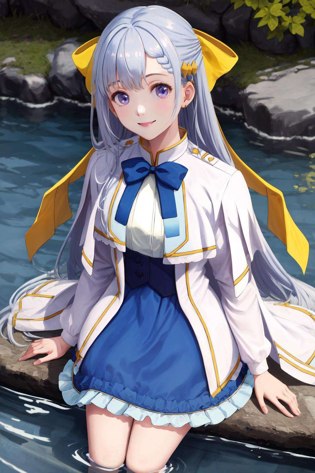 masterpiece, best quality, highres, 1girl euphyllia hair bow yellow bow hair ornament, blue dress white jacket open jacket white capelet white shirt blue bowtie frills <lora:euphyllia:1> smile, sitting, wading, outdoors, looking at viewer, from above