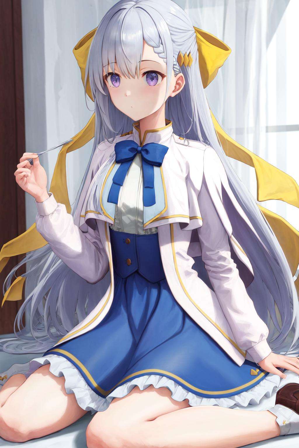 masterpiece, best quality, highres, 1girl euphyllia hair bow yellow bow hair ornament, blue dress white jacket open jacket white capelet white shirt blue bowtie frills <lora:euphyllia:1> sitting, wariza