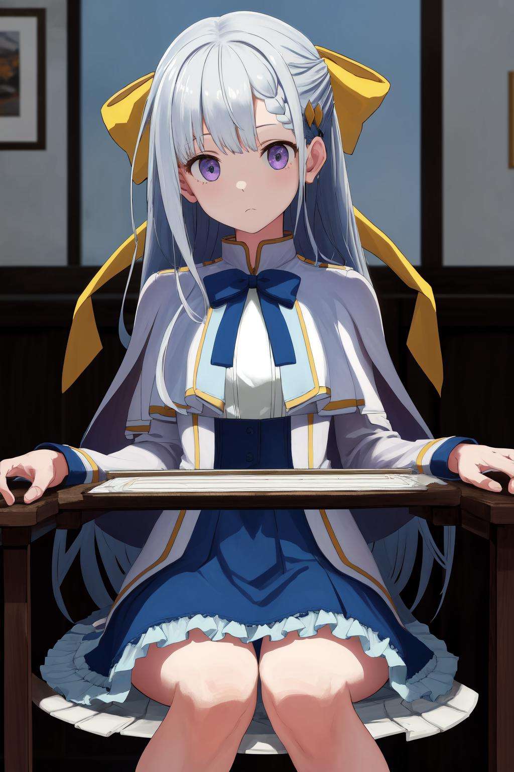 masterpiece, best quality, highres, 1girl euphyllia hair bow yellow bow hair ornament, blue dress white jacket open jacket white capelet white shirt blue bowtie frills <lora:euphyllia:1> sitting on chair