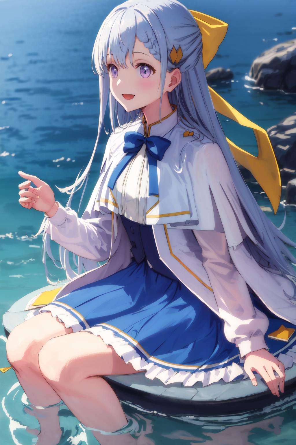 masterpiece, best quality, highres, 1girl euphyllia hair bow yellow bow hair ornament, blue dress white jacket open jacket white capelet white shirt blue bowtie frills <lora:euphyllia:1> sitting, wading, outdoors, smile, from side