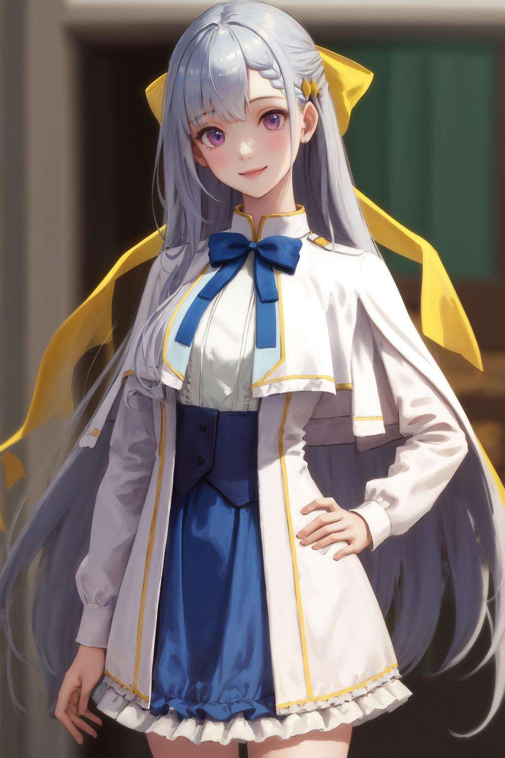 masterpiece, best quality, highres, 1girl euphyllia hair bow yellow bow hair ornament, blue dress white jacket open jacket white capelet white shirt blue bowtie frills <lora:euphyllia:1> standing, hand on hip, smile