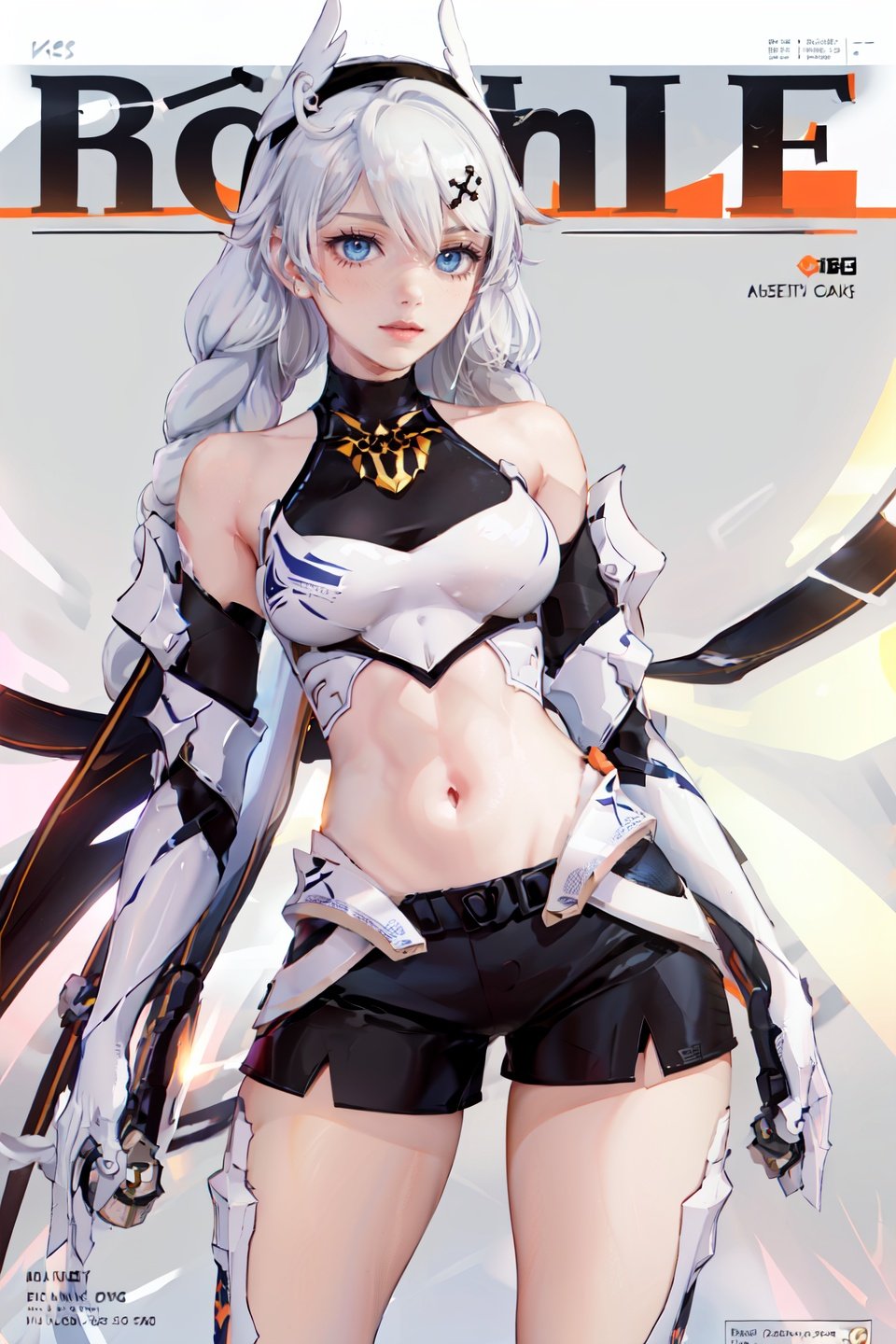 (best quality), (ultra detailed), ((masterpiece)), sfw,consored,illustration, ray tracing,contrapposto, female focus,model, 
///////////////////
(yueguang, white armor,orange Light wings, winged hair ornament:1.2), blue eyes, wings,white cuish,white hair, blue eyes, braid, long hair, twin braids, bangs, bare shoulders
//////////////////////////
sexy, fine fabric emphasis,wall paper, crowds, fashion, Lipstick, depth of field, street, in public,(Magazine cover:1.2),(title),(Magazine cover-style illustration of a fashionable woman), posing in front of a colorful and dynamic background.  (The text on the cover should be bold and attention-grabbing, with the title of the magazine and a catchy headline). 