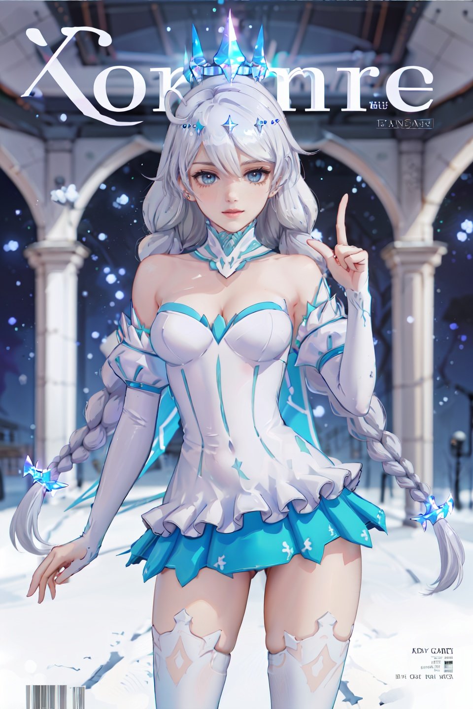 (best quality), (ultra detailed), ((masterpiece)), sfw,consored,illustration, ray tracing,contrapposto, female focus,model, 
///////////////////
(dongzhi,winter princess, mini dress, crystal crown:1.2), twin braids,white thighhighs, long white hair, thigh boots,
//////////////////////////
sexy, fine fabric emphasis,wall paper, crowds, fashion, Lipstick, depth of field, street, in public,(Magazine cover:1.2),(title),(Magazine cover-style illustration of a fashionable woman), posing in front of a colorful and dynamic background.  (The text on the cover should be bold and attention-grabbing, with the title of the magazine and a catchy headline). 
