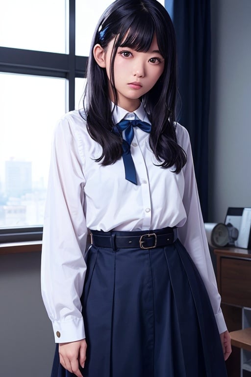 masutepiece, Best Quality, {Best Quality}, {{masutepiece}}, {hight resolution}, Illustration, 1girl in, Inoue Takina, Long hair, Bangs, Black hair, (Purple eyes:1.2), blush, Shirt, Long sleeves, Dress, bow ribbon, School uniform, White shirt, Collared shirt, Belt bag, Neck ribbon, Blue Dress, Green Ribbon, pleated dress, grey dress, two-tone dress, Blue belt, Lycoris Uniform, Looking at Viewer