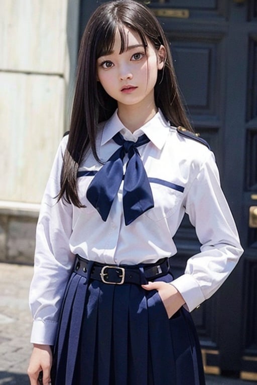 masutepiece, Best Quality, {Best Quality}, {{masutepiece}}, {hight resolution}, Illustration, 1girl in, Inoue Takina, Long hair, Bangs, Black hair, (Purple eyes:1.2), blush, Shirt, Long sleeves, Dress, bow ribbon, School uniform, White shirt, Collared shirt, Belt bag, Neck ribbon, Blue Dress, Green Ribbon, pleated dress, grey dress, two-tone dress, Blue belt, Lycoris Uniform, Looking at Viewer