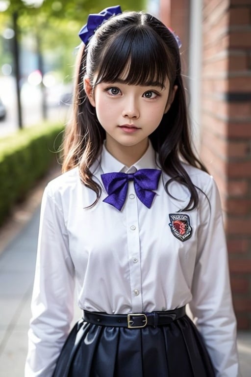 masutepiece, Best Quality, {Best Quality}, {{masutepiece}}, {hight resolution}, Illustration, 1girl in, Inoue Takina, Long hair, Bangs, Black hair, (Purple eyes:1.2), blush, Shirt, Long sleeves, Dress, bow ribbon, School uniform, White shirt, Collared shirt, Belt bag, Neck ribbon, Blue Dress, Green Ribbon, pleated dress, grey dress, two-tone dress, Blue belt, Lycoris Uniform, Looking at Viewer