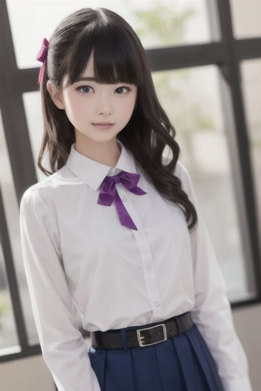 masutepiece, Best Quality, {Best Quality}, {{masutepiece}}, {hight resolution}, Illustration, 1girl in, Inoue Takina, Long hair, Bangs, Black hair, (Purple eyes:1.2), blush, Shirt, Long sleeves, Dress, bow ribbon, School uniform, White shirt, Collared shirt, Belt bag, Neck ribbon, Blue Dress, Green Ribbon, pleated dress, grey dress, two-tone dress, Blue belt, Lycoris Uniform, Looking at Viewer