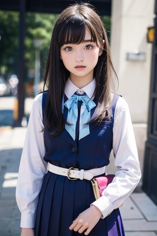 masutepiece, Best Quality, {Best Quality}, {{masutepiece}}, {hight resolution}, Illustration, 1girl in, Inoue Takina, Long hair, Bangs, Black hair, (Purple eyes:1.2), blush, Shirt, Long sleeves, Dress, bow ribbon, School uniform, White shirt, Collared shirt, Belt bag, Neck ribbon, Blue Dress, Green Ribbon, pleated dress, grey dress, two-tone dress, Blue belt, Lycoris Uniform, Looking at Viewer