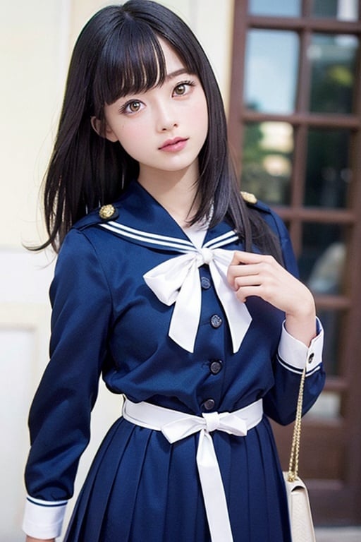 masutepiece, Best Quality, {Best Quality}, {{masutepiece}}, {hight resolution}, Illustration, 1girl in, Inoue Takina, Long hair, Bangs, Black hair, (Purple eyes:1.2), blush, Shirt, Long sleeves, Dress, bow ribbon, School uniform, White shirt, Collared shirt, Belt bag, Neck ribbon, Blue Dress, Green Ribbon, pleated dress, grey dress, two-tone dress, Blue belt, Lycoris Uniform, Looking at Viewer