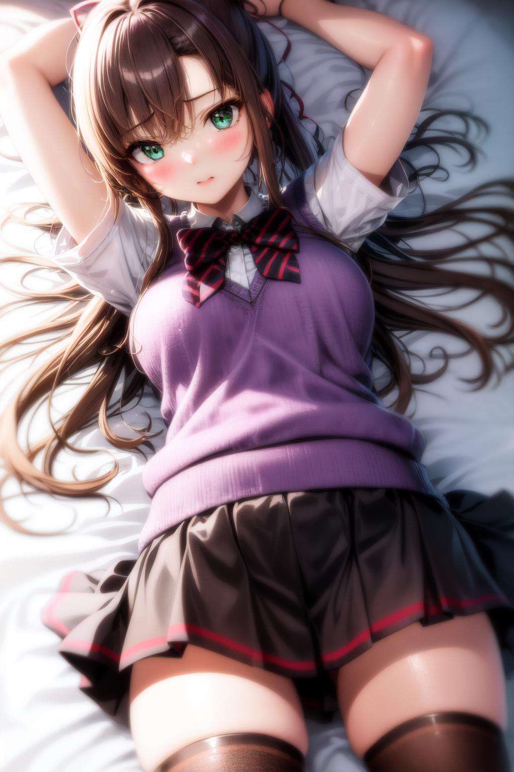 masterpiece, best quality, highres, 1girl kirasaka sayaka high ponytail hair ribbon, striped bowtie sweater vest white shirt short sleeves black skirt black thighhighs <lora:kirasaka_sayaka:1> lying on back, bed sheet, arms up, from above